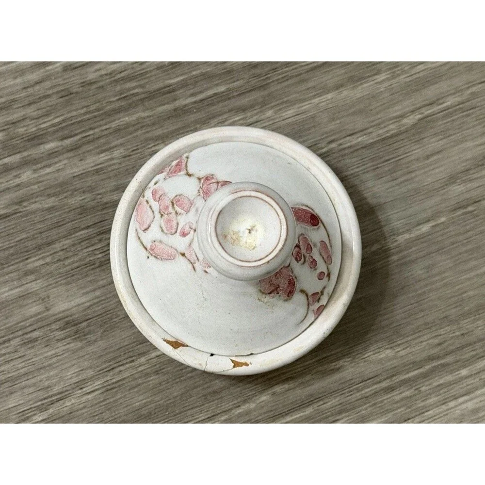 Vintage Small Clay Tagine White W/ Pink Flowers Handmade & Signed BROKEN - READ